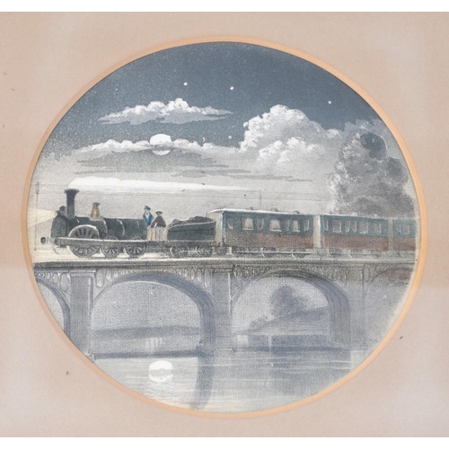 448 - Set of six early Victorian railway prints including train crash, each circular in mount, 10