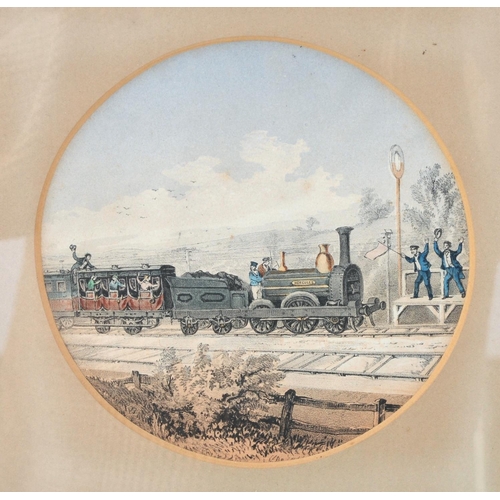 448 - Set of six early Victorian railway prints including train crash, each circular in mount, 10