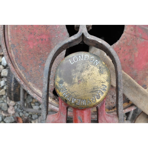 49 - Great Eastern Railway Merryweather hand fire pump cart with hoses, nozzle stamped GER. (Postage Band... 