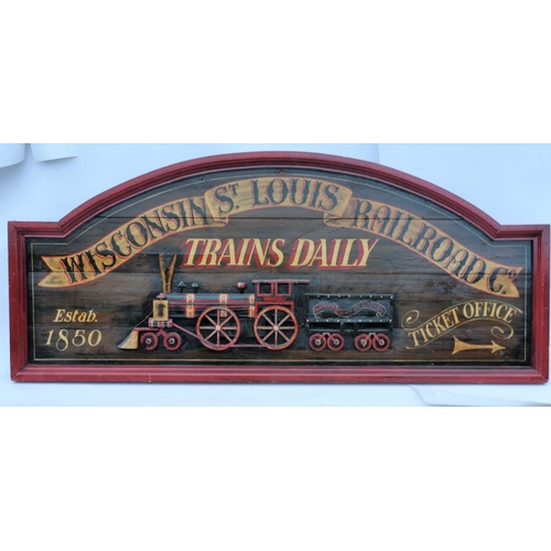 95 - Modern wooden display sign, Wisconsin St Louis Railroad, with old engine. (Postage Band: N/A)