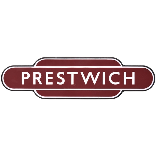 118 - A BR(M) totem sign, PRESTWICH, (f/f), from the Manchester to Bury route. Excellent colour and shine,... 