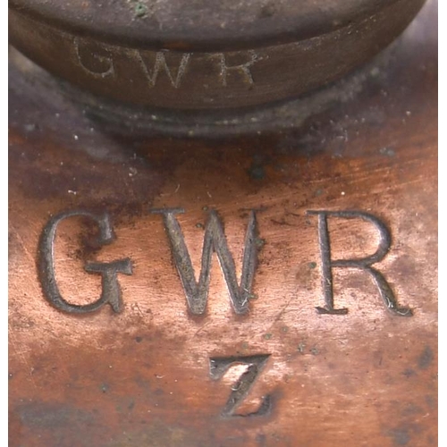 167 - A Great Western Railway three aspect copper top handlamp with embossed brass plate 12845, the body s... 