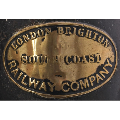 61 - A London, Brighton and South Coast Railway three aspect handlamp, complete with brass company plate,... 