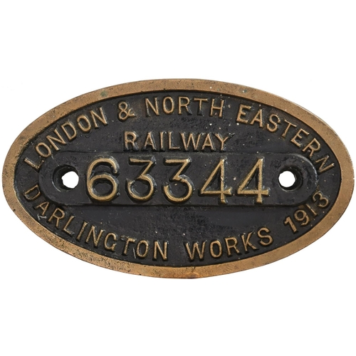 75 - A worksplate, LONDON & NORTH EASTERN RAILWAY, 63344, DARLINGTON WORKS, 1913, from a North Eastern Ra... 