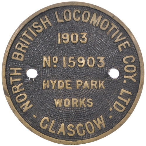 88 - A worksplate, NORTH BRITISH LOCOMOTIVE COY, HYDE PARK WORKS, 15903, 1903, from a New Cape Central Ra... 