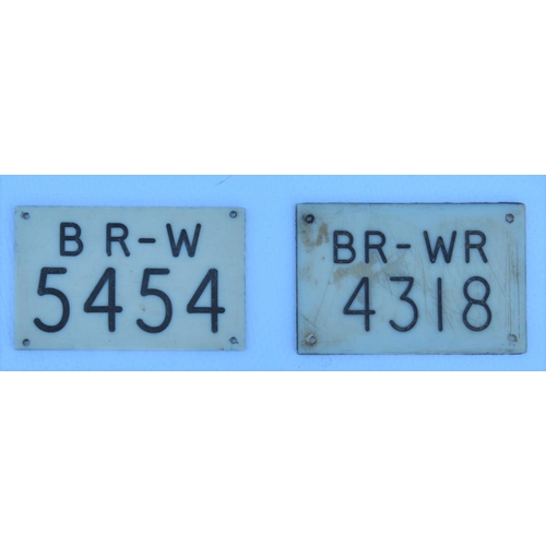 487 - British Railways (Western) ivorine clock registration labels - BR-W 5454, BR-WR 4318, both undamaged... 