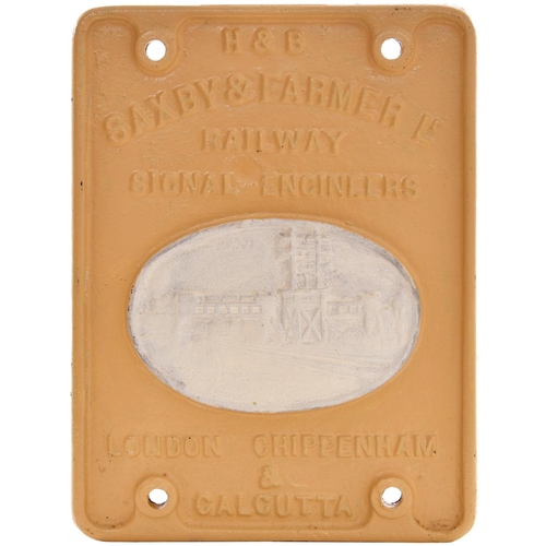 103 - A Saxby and Farmer makers plate from a Hull and Barnsley signal box lever frame, featuring an image ... 