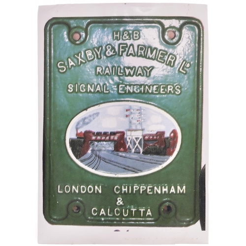 103 - A Saxby and Farmer makers plate from a Hull and Barnsley signal box lever frame, featuring an image ... 