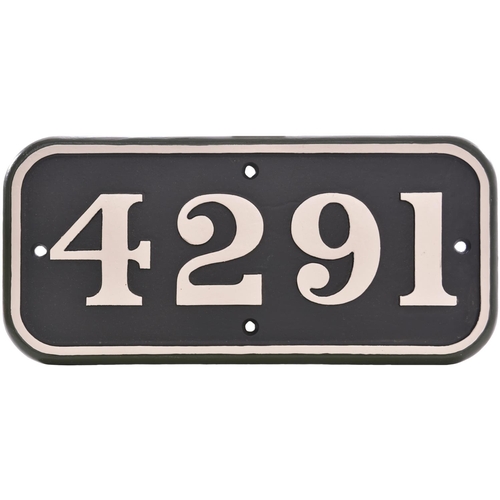 65 - A GWR cabside numberplate, 4291, from a 4200 Class 2-8-0T built at Swindon in September 1921. A long... 