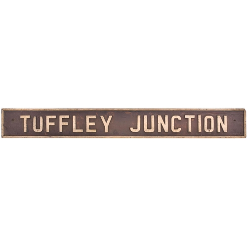 A signal box nameboard, TUFFLEY JUNCTION, a box south of Gloucester Eastgate where the GWR and Midland lines diverge. Cast letters on wood, 86½"x10½", original condition. (Postage Band: N/A)