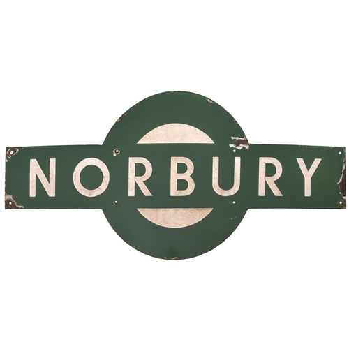 69 - A Southern Railway target sign, NORBURY, from the Brighton main line. Chipping at fixing points and ... 