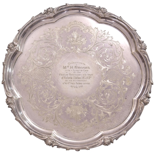 82 - A presentation tray, MR H BROOKS, WITH A PURSE OF GOLD BY THE REGULAR TRAVELLERS AND STAFF, VICTORIA... 