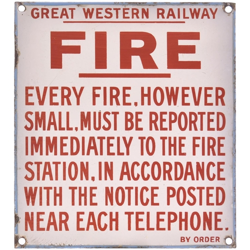 97 - A Great Western Railway Fire notice from Swindon Works, enamel, 11½