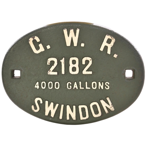 166 - A tenderplate, G.W.R. 2182 4000 GALLONS SWINDON, from the first of a group of twenty tenders Nos 218... 