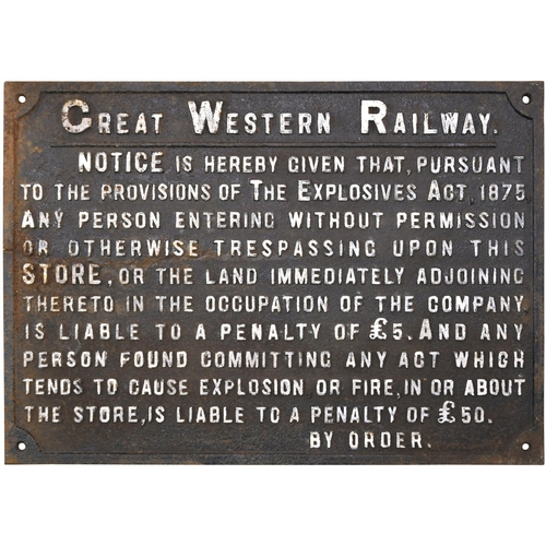 169 - A Great Western Railway explosives store warning notice, referring to a £5 fine for trespassing and ... 