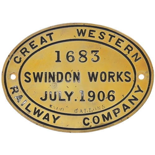 171 - A tenderplate, GREAT WESTERN RAILWAY COMPANY, SWINDON WORKS, 1683, JULY 1906, 3500 GALLONS, from a S... 