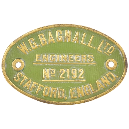 178 - A worksplate, W.G.BAGNALL No 2192. From a 2ft 6in gauge 0-6-2 side tank new in September 1922 to Edw... 