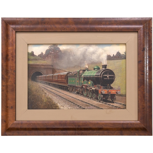 193 - An original painting by F Moore, GNR 4-4-0 No 280 emerging from a tunnel. 14½