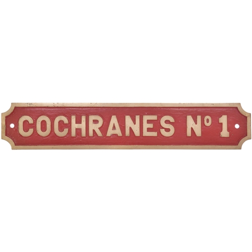 106 - A nameplate COCHRANES No 1. The origin of this plate is uncertain. Cochrane's Ironworks at Middlesbr... 