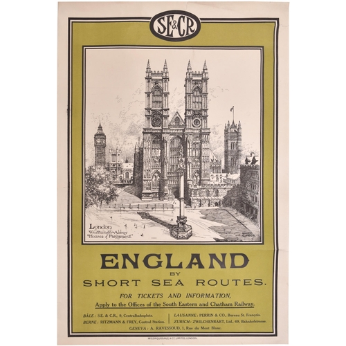 113 - A South Eastern and Chatham Railway poster, WESTMINSTER ABBEY AND HOUSES OF PARLIAMENT, England by S... 