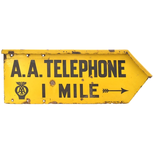 116 - A roadside notice, AA TELEPHONE, 1 mile, with arrow and AA badge. Enamel, double-sided, with curved ... 