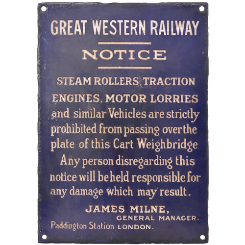 95 - A GWR weighbridge notice referring to steam rollers and traction engines. Enamel, 10