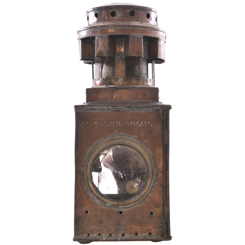 98 - A large copper signal lamp, the side stamped LAMBTON COLLIERY LTD, overall height 21