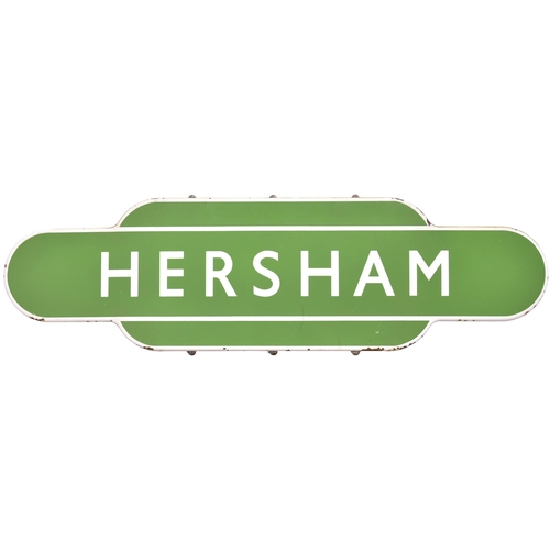 107 - A BR(S) totem sign, HERSHAM, (f/f), from the West of England Main Line, the station situated between... 