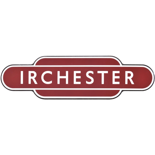 120 - A BR(M) totem sign, IRCHESTER, (f/f), from the Midland Main Line. The station was just south of Well... 