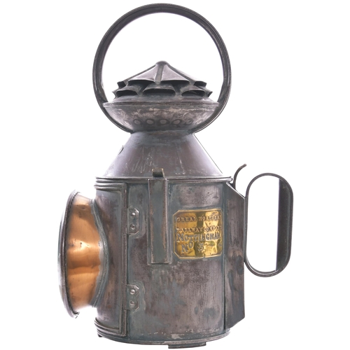 150 - A GNR three aspect handlamp with brass plate, NOTTINGHAM, No 3, the top and body stamped 3553, GNR a... 