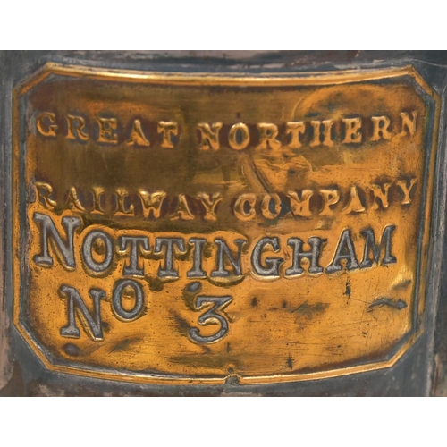 150 - A GNR three aspect handlamp with brass plate, NOTTINGHAM, No 3, the top and body stamped 3553, GNR a... 