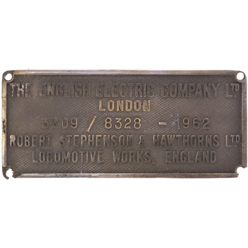 63 - A worksplate, ENGLISH ELECTRIC, ROBERT STEPHENSON & HAWTHORNS, 3209/8328, 1962, from a BR Class 37 d... 