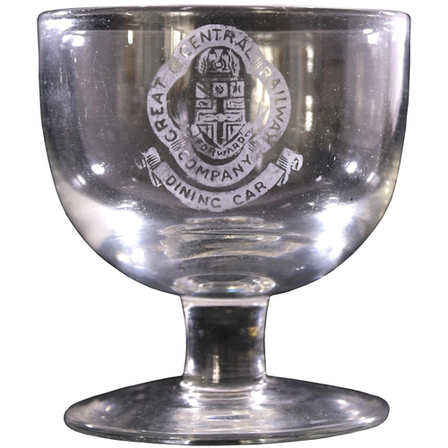 197 - A Great Central Railway Dining Cars spirit glass, etched with the full company coat of arms and GREA... 