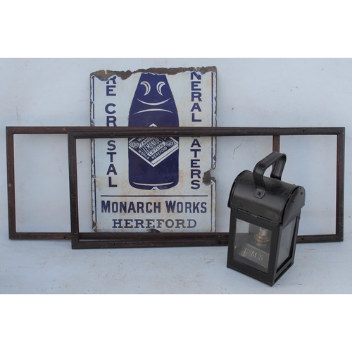 13 - Misc box - two wooden carriage print frames, LMS general purpose handlamp, enamel sign Watkins Lemon... 