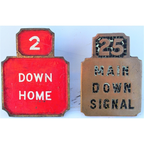 492 - Stevens brass signal box lever lead plates - 2 Down Main Home (painted), 25 Main Down Signal, excell... 