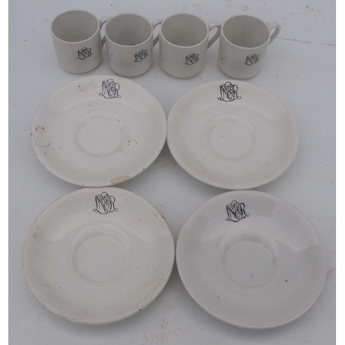 495 - London North Eastern Railway - four coffee cups & saucers by Mintons, all 1930s with entwined monogr... 