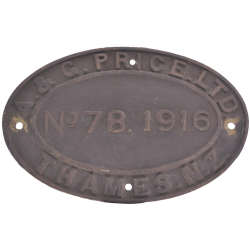 106 - A worksplate, A. & G. PRICE LIMITED, 78, 1916, from a New Zealand Railways Class BB 4-8-0 No 633 bui... 