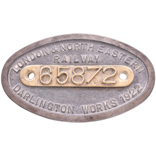 122 - A worksplate, LONDON & NORTH EASTERN RAILWAY, 65872, DARLINGTON WORKS 1922, from a North Eastern Rai... 