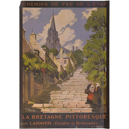 124 - A poster, Chemins de Fer de l'Etat, LA BRETAGNE PITTORESQUE, LANNION (Escalier de Brelevenez), by Ma... 