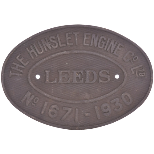 137 - A worksplate HUNSLET ENGINE 1671 of 1930. From a metre gauge 2-6-2 tank locomotive new to the Tangan... 