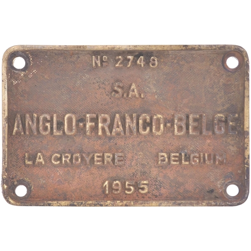 139 - A worksplate, ANGLO-FRANCO-BELGE, 2748, 1955, from an Indian Railways WG Class 2-8-2, No 139. Cast b... 