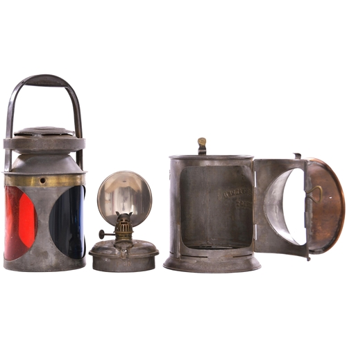 141 - A North British Railway three aspect Bulpitts Patent handlamp, the side stamped NBR, FOGSIGNALMEN, H... 