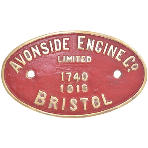 156 - A worksplate, AVONSIDE, 1740, 1916, from a 2ft gauge 0-4-0T named MR BUSS new to Sir J.L. Hulett & S... 