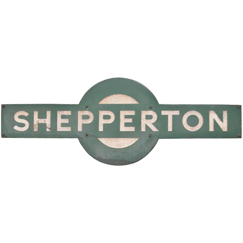 184 - A Southern Railway target sign, SHEPPERTON, the terminus of the branch from Strawberry Hill. The gre... 