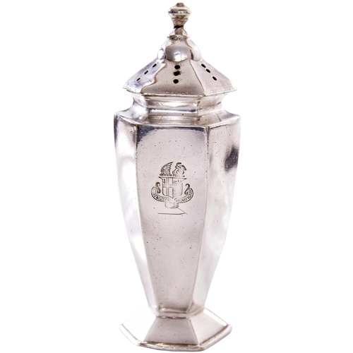 208 - A GWR pepper pot, by Elkington, hexagonal body with coat of arms on one facet, the finialled top not... 