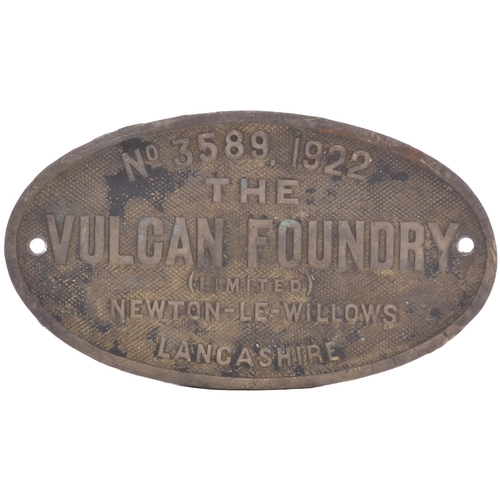 212 - A worksplate VULCAN FOUNDRY 3589 of 1922. From a metre gauge 4-8-0 tender locomotive new to the Ugan... 