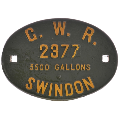 123 - A Great Western Railway tenderplate, G.W.R. 2377, 3500 GALLONS, SWINDON, from an intermediate patter... 