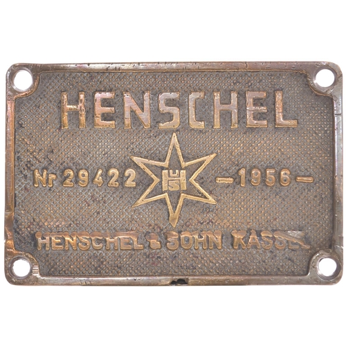 148 - A worksplate, HENSCHEL, 29422, 1956, from an Indian Railways metre gauge YL Class 2-6-2, all-India r... 