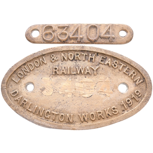 96 - A worksplate, LONDON & NORTH EASTERN RAILWAY, 63404, DARLINGTON WORKS, 1919, from a North Eastern Ra... 