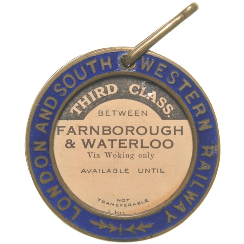 11 - LSWR brass season ticket holder, 3rd class insert Farnborough-Waterloo, 1½